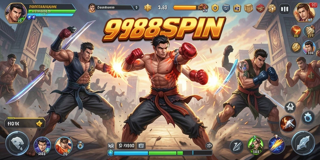 Screenshot 988SPIN menampilkan karakter bertarung dalam arena yang menegangkan.