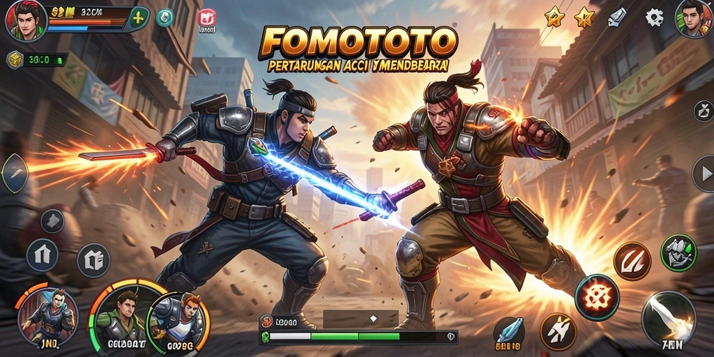 Screenshot utama FOMOTOTO menampilkan aksi pertempuran yang intens.